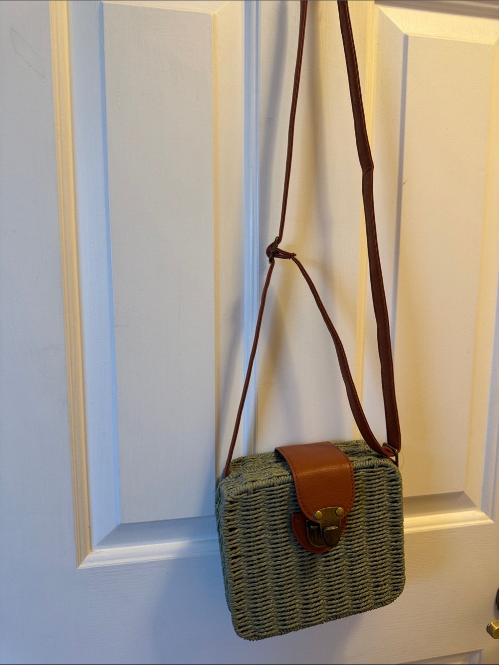 Woven Sage Green Basket Weave Crossbody Bag with Brown Leatherlike  Trim